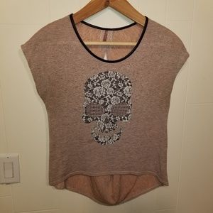 Mauve womens knit top with lace skull open back